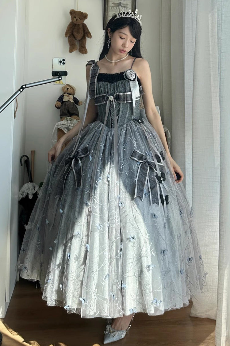 Silver Grey [Starry Night Solo] Ruffle Hanayome Embroidery Bowknot Lace Sweet Gorgeous Lolita Jsk Dress - Silver-Grey - 1