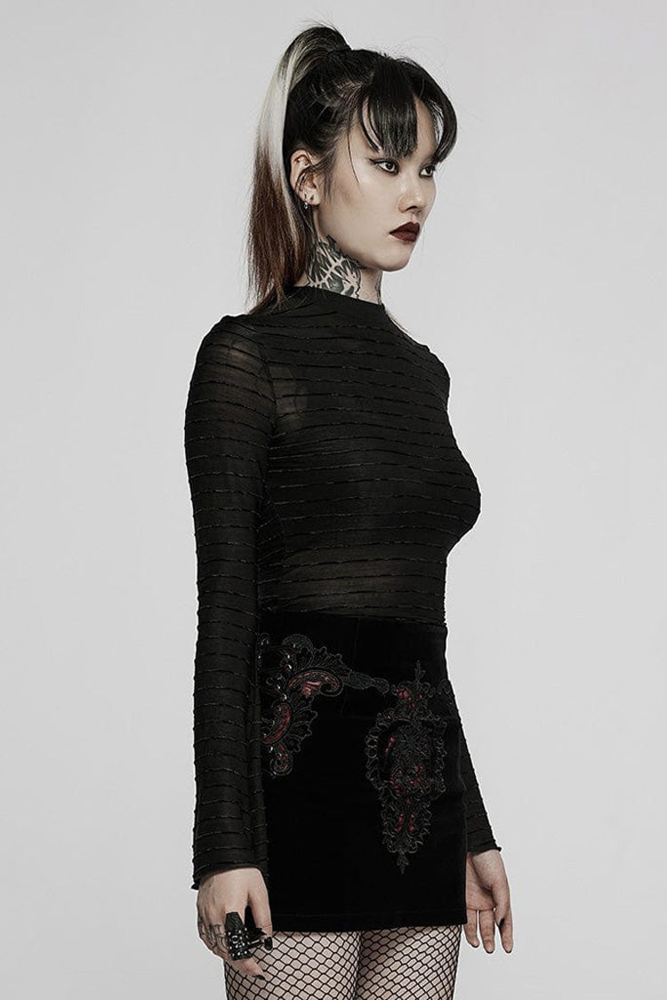 Black Gothic Velvet Striped Light Flared Sleeve Asymmetric Hem Sexy Long Sleeve Women's T-Shirt - Product - 2