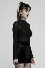 Black Gothic Velvet Striped Light Flared Sleeve Asymmetric Hem Sexy Long Sleeve Women's T-Shirt - Product - 2