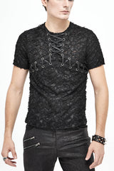 Black Broken Holes Thick Stripes Chest Lace-Up Knit Short Sleeve Men's Punk T-Shirt - Black - 1