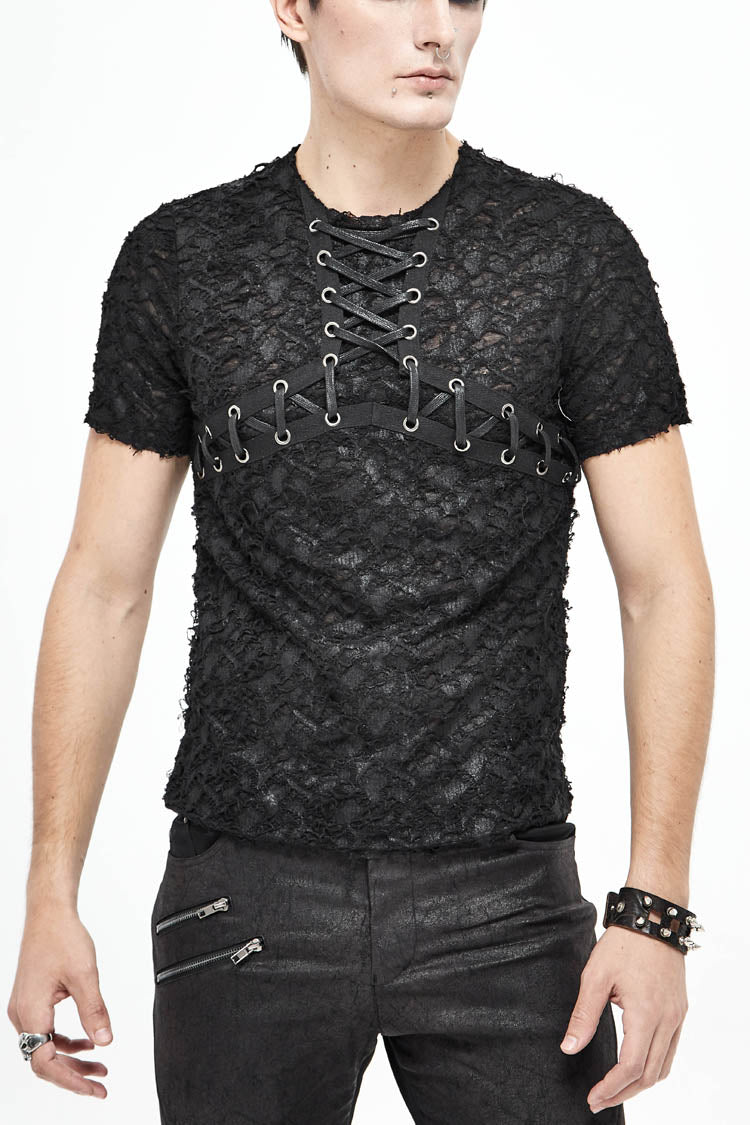 Black Broken Holes Thick Stripes Chest Lace-Up Knit Short Sleeve Men's Punk T-Shirt - Black - 1