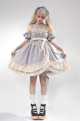 Grey [Monet Estate] Sleeveless High Waisted Ruffle Bowknot Asymmetric Sweet Lolita Jsk Dress - Product - 10