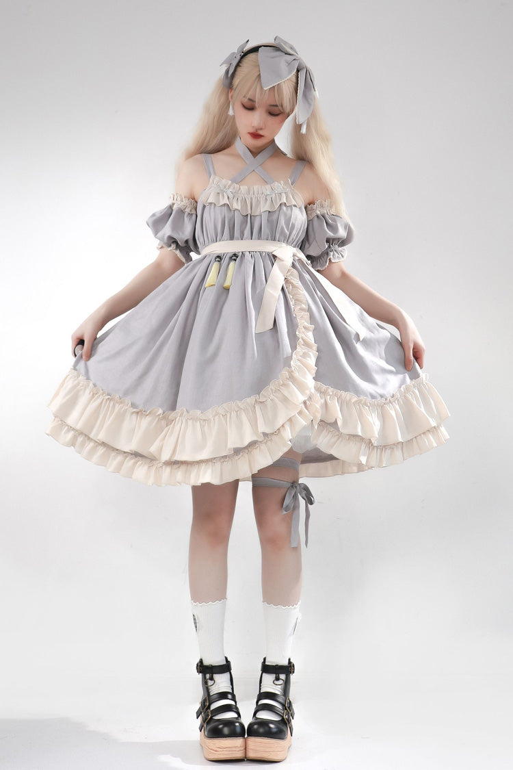 Grey [Monet Estate] Sleeveless High Waisted Ruffle Bowknot Asymmetric Sweet Lolita Jsk Dress - Product - 10