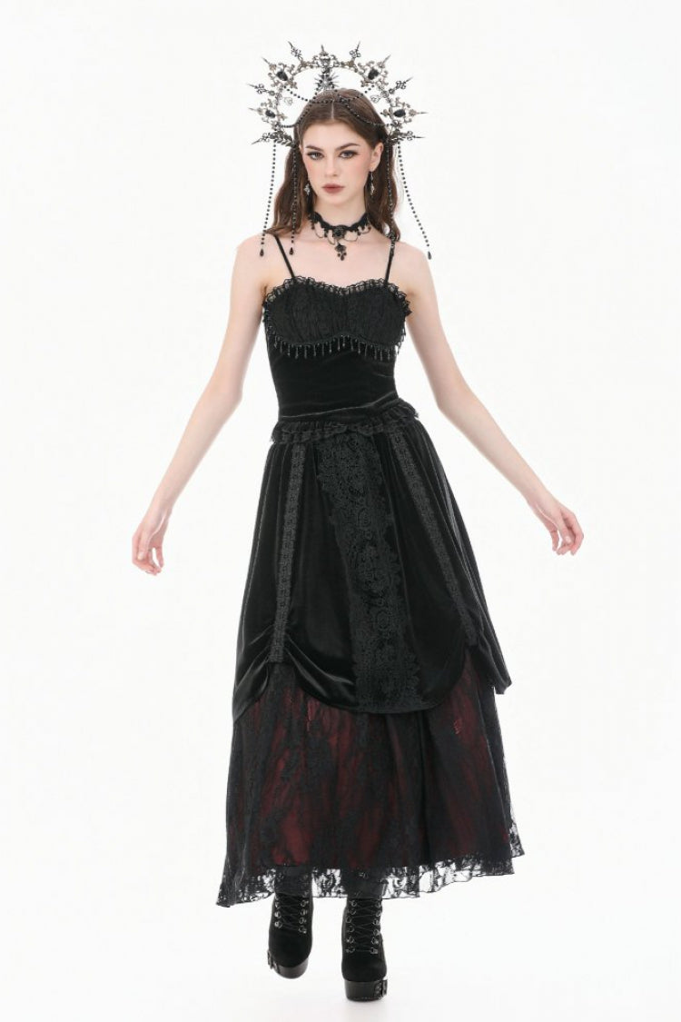 Black Lace Mesh Patchwork Velvet Women's Gothic Vintage Bustier with Beaded Tassel Drops - Product - 8