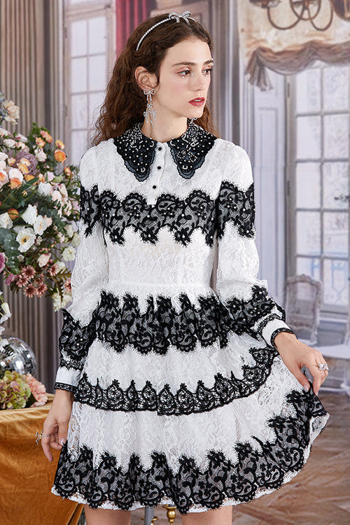 Black/White Lace Pearl Embroidered Doll Collar Long Sleeves High Waisted Sweet Lolita OP Dress - Product - 2