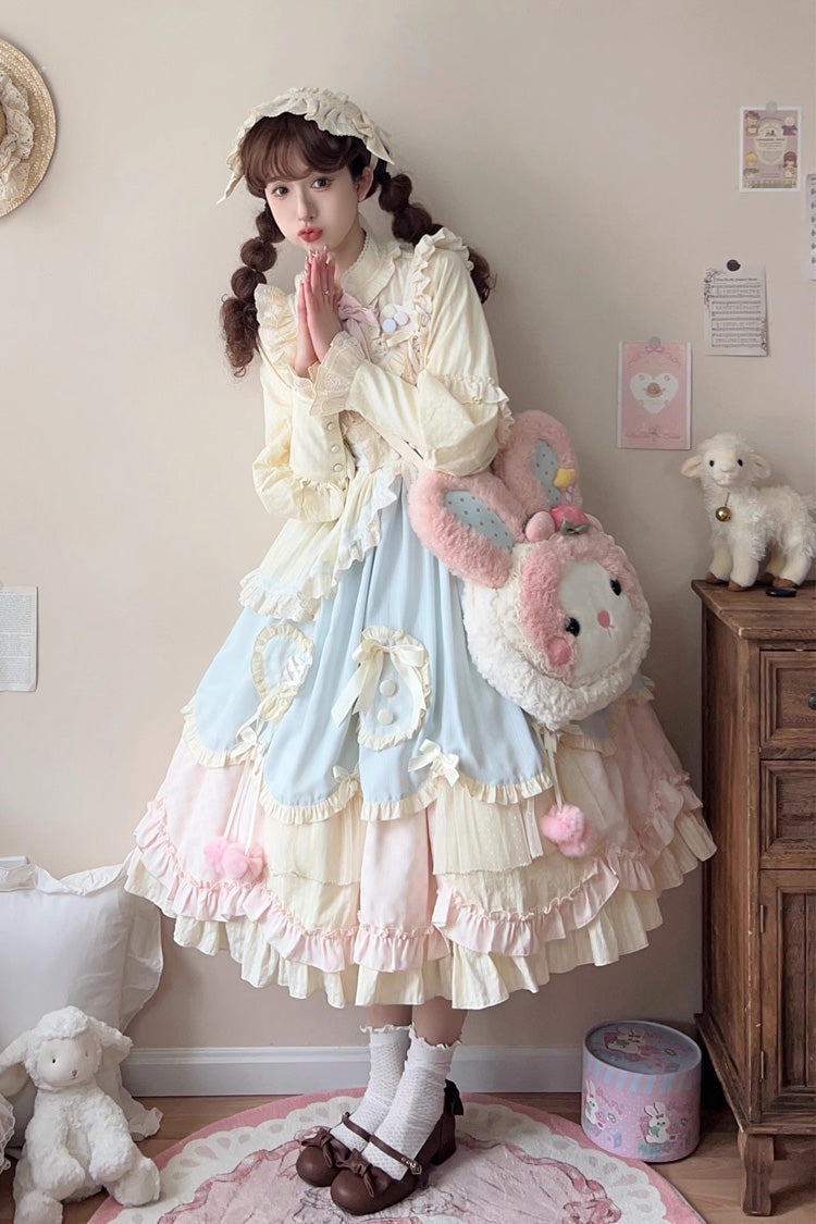 Mianmian Macaron multicolore senza maniche multistrato con volant e fiocco in pizzo dolce (versione lunga) (solo abito) vista dettagliata 4