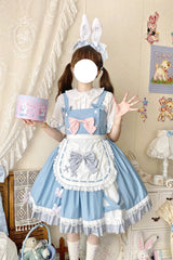 Blue [Picnic Rabbit] Ruffle Bowknot Lace Daily Sweet Lolita Jsk Dress Set - Product - 10