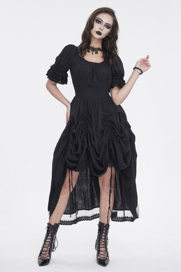 Black Short Sleeves Ruffle Drawstring Women's Gothic Dress - Product - 2