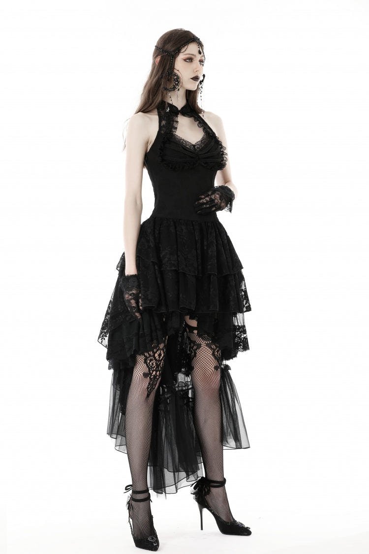 Black Off Shoulder Halterneck Sleeveless Irregular High Low Multi-Layered Lace Women's Gothic Dress - Product - 9