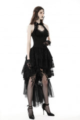 Black Off Shoulder Halterneck Sleeveless Irregular High Low Multi-Layered Lace Women's Gothic Dress - Product - 9