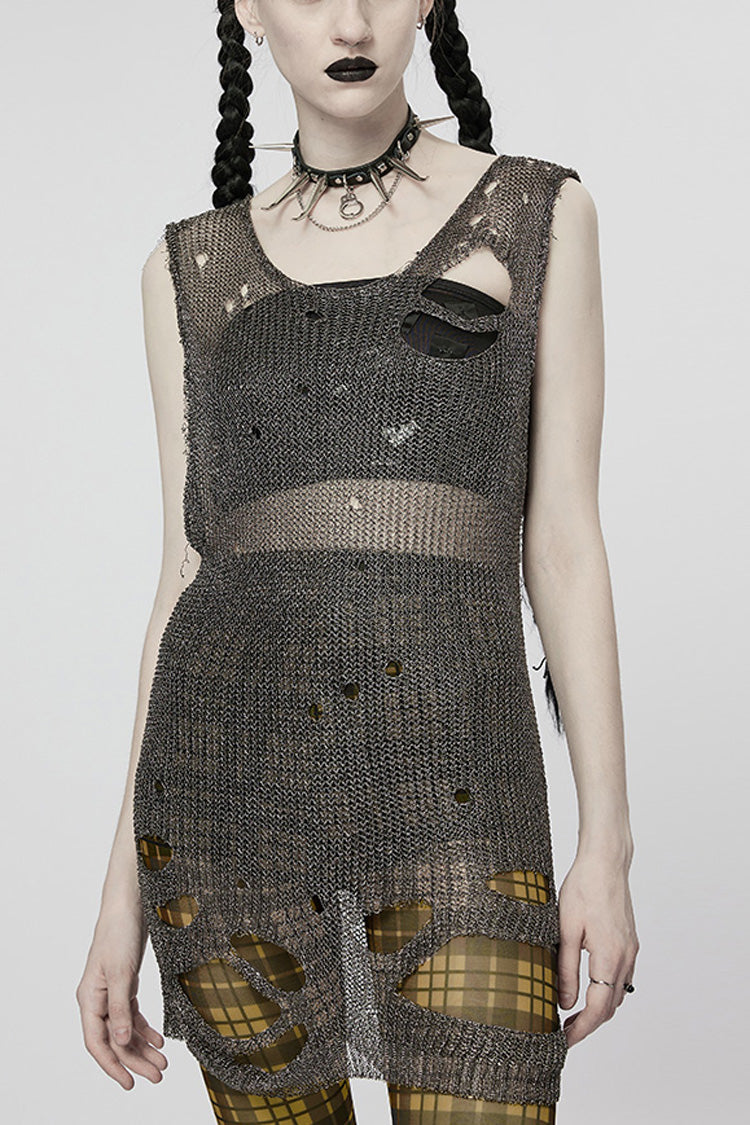 Sleeveless Mesh Ripped Women's Steampunk Sweater 2 Colors - Silver/Grey - 7