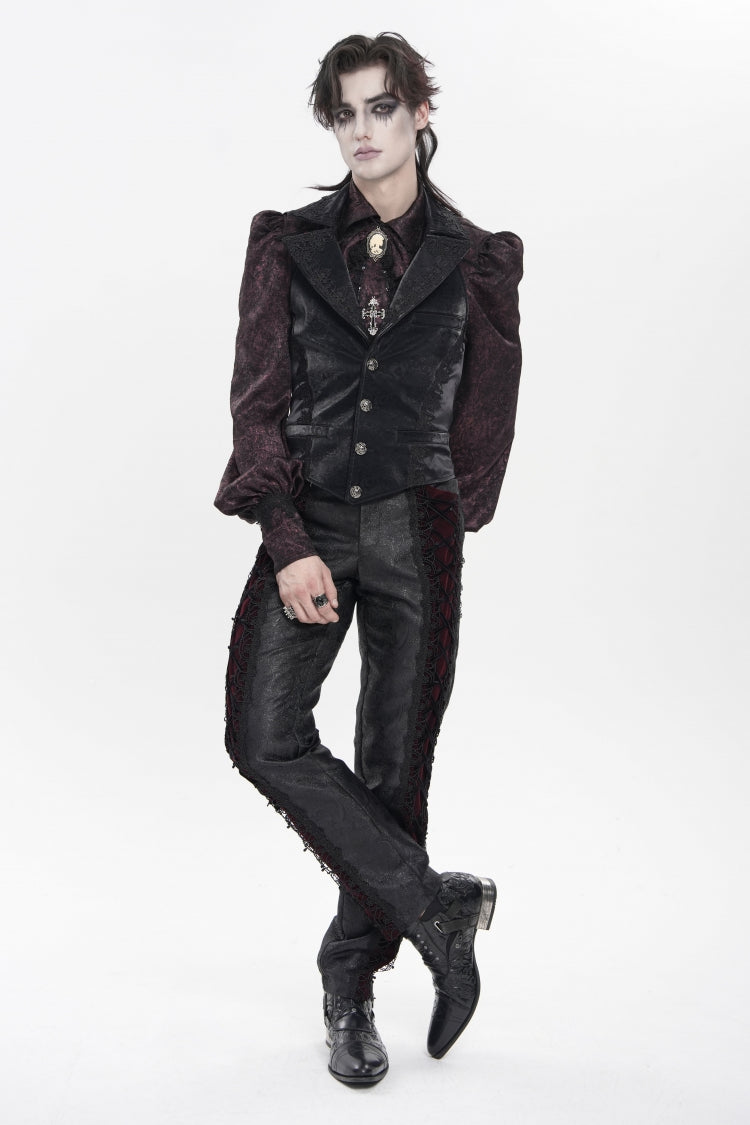 Black Lapel Collar Jacquard Lace Slim Men's Gothic Vest - Product - 6