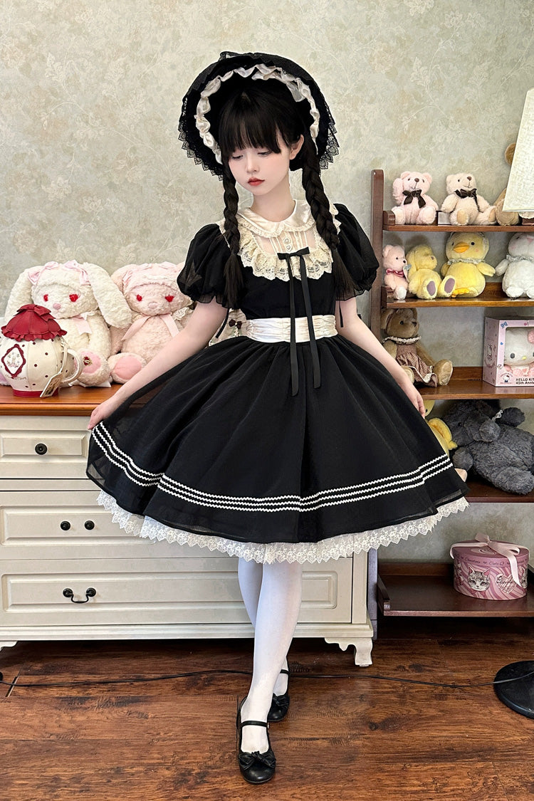 Black Doll Collar Short Sleeves Lace Daily Sweet Elegant Princess Lolita Dress - Black - 1