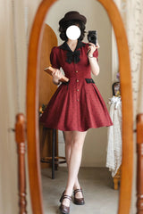 Red [Forest Boulotty] Lapel Collar Short Sleeves Heart-Shaped Polka Dot Printed Bow Sweet Lolita Dress - Product - 5