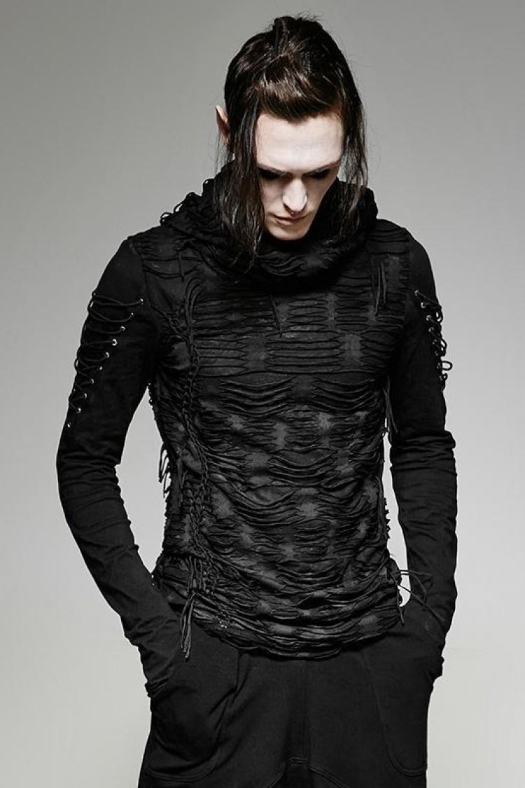 Black Hooded Ripped Men's Gothic Sweater - Black - 1