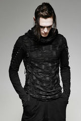 Black Hooded Ripped Men's Gothic Sweater - Black - 1