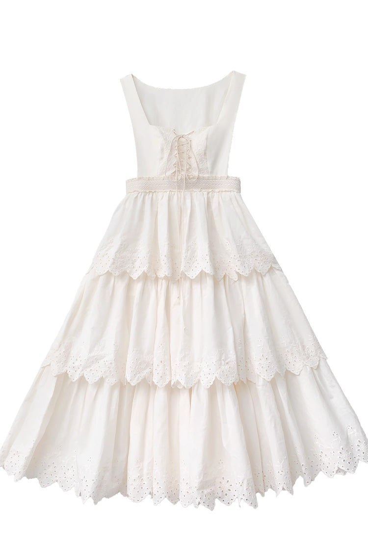 Ivory Sleeveless Triple-Layered Ruffle Lace-Up Sweet Elegant Lolita Jsk Dress - Product - 3