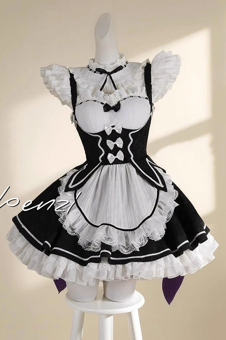 [Ram Rem] Ruffle Bowknot Sweet Japanese Lolita Jsk Dress Set 2 Colors - Black/White - 2