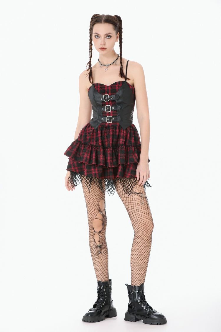 Black/Red Plaid Leather Multi-Layered Ruffled Women's Punk  Sweetcore Slip Dress - Product - 11