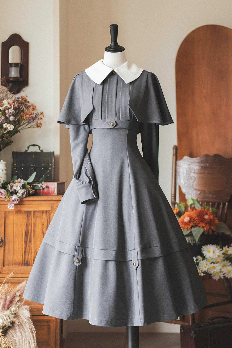Grey [Forest Antique Trunk] Lapel Collar Long Sleeves Classic Vintage Elegant Lolita Dress - Grey - 1
