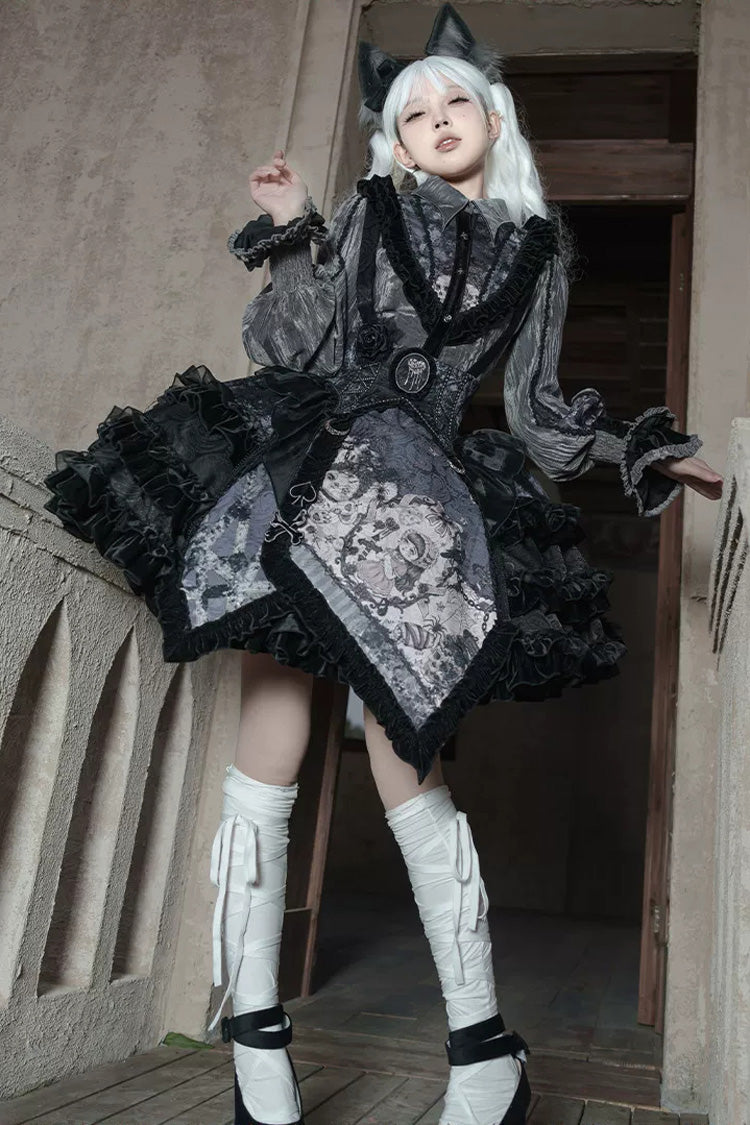 [Werewolf] Fairy Tale Lapel Collar Long Sleeves Printed Ruffled Open-Front Lace Heavy-Detailed Gothic Lolita Skirt Set (Red, Grey, Purple) - Product - 20