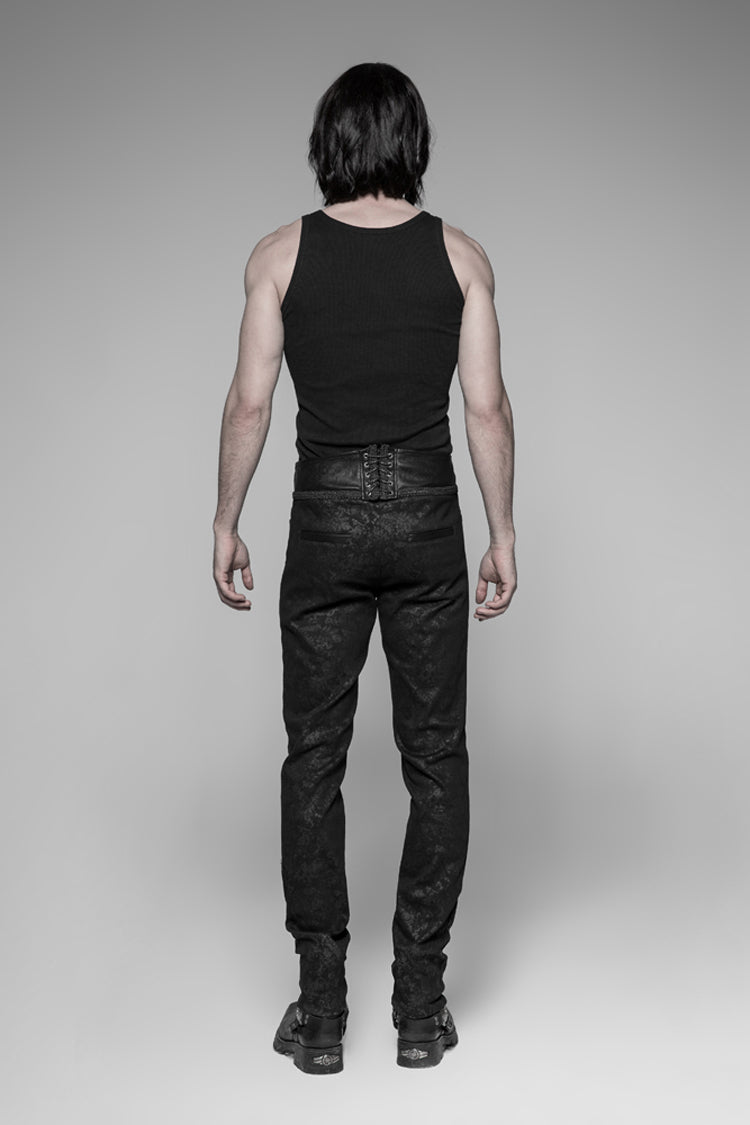 Black Waist Head Stereoscopic Pattern Leather Metal Buckle Lace-Up Men's Gothic Trousers - Product - 3