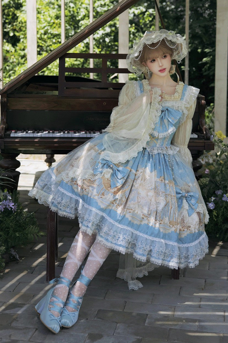 Blue Unicorn Print Sleeveless Multi-Layered Embroidery Bowknot Lace Sweet (Dress Only) detail view 8