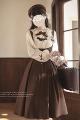 Brown/White [Sunset Academy] Long Sleeves Ruffle Bowknot Fake Two Pieces Vintage College Style Elegant Lolita Dress - Product - 8