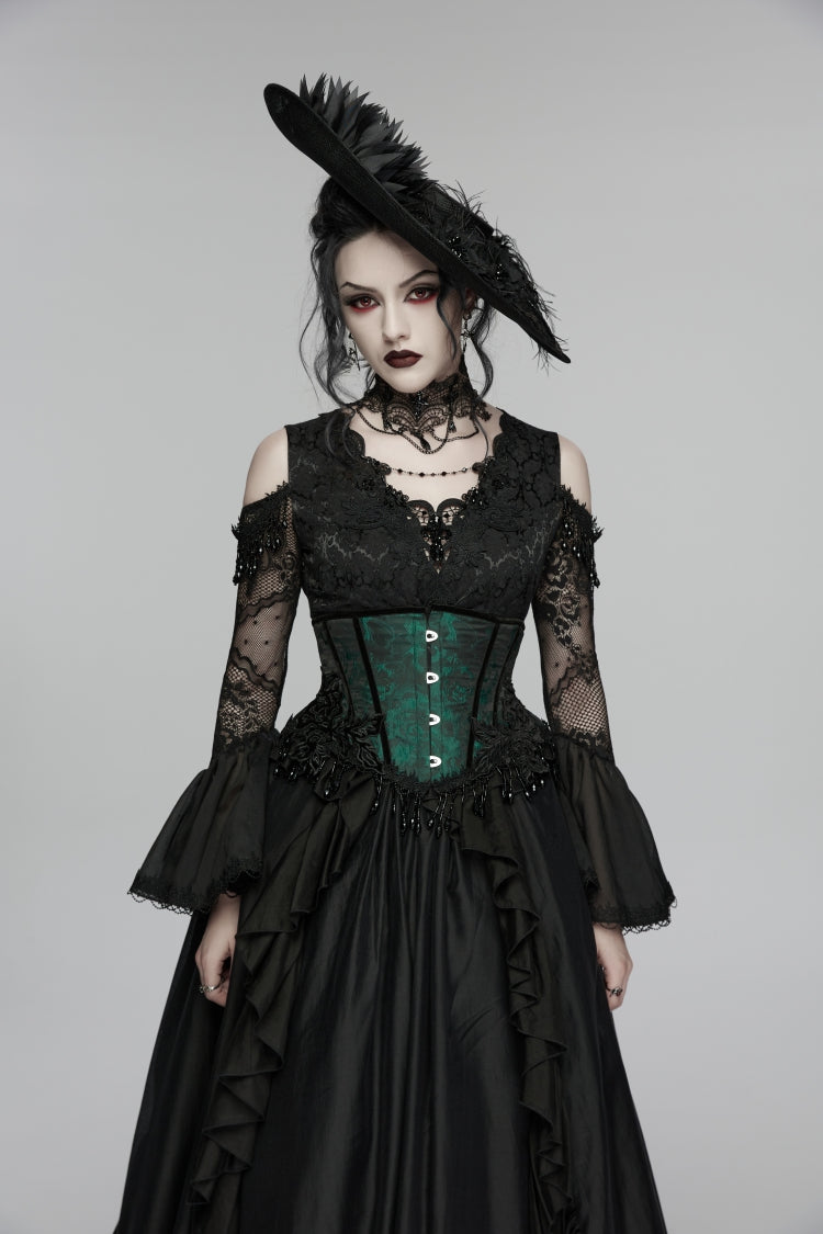 Black/Green Jacquard Lace-Up Slim Women's Gothic Tassels Corset - Black/Green - 1