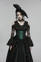 Black/Green Jacquard Lace-Up Slim Women's Gothic Tassels Corset - Black/Green - 1