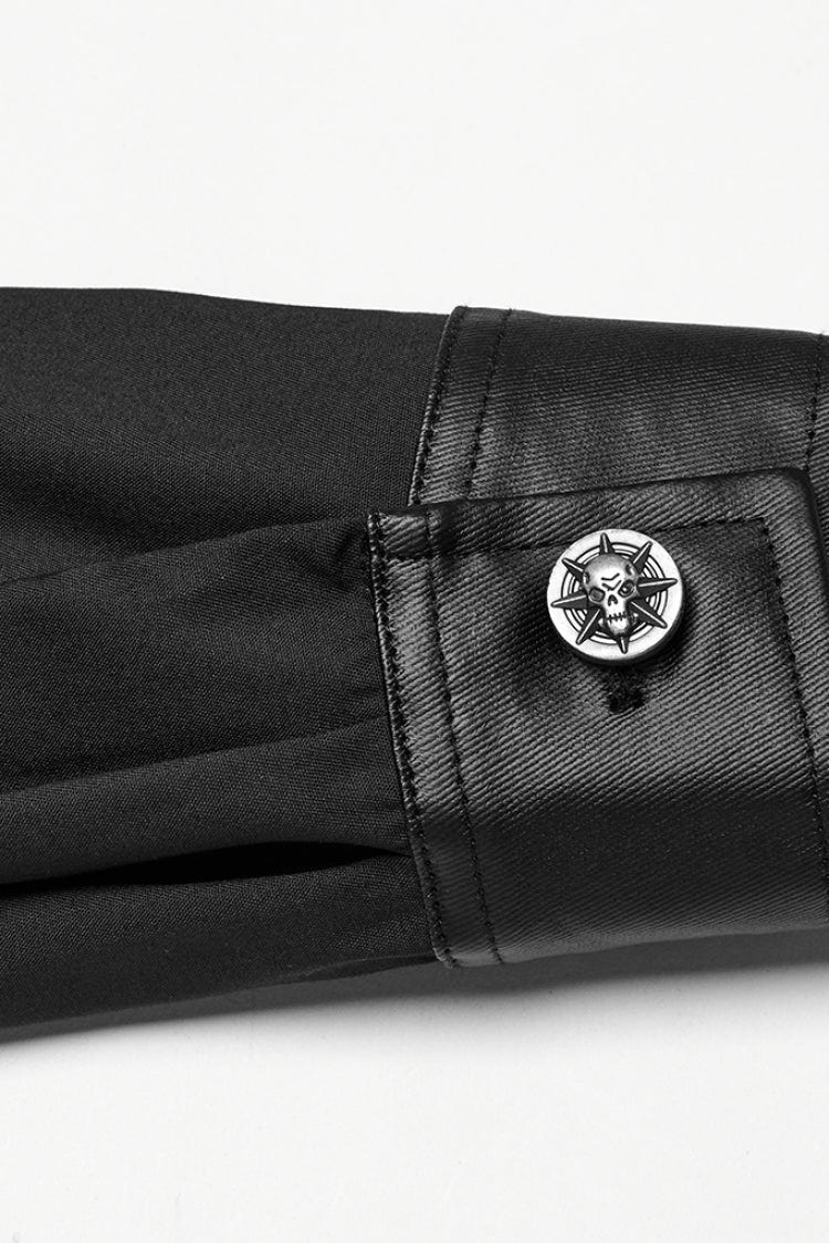 Black Lapel Collar Long Sleeves Faux Leather Stitching Buckle Men's Punk Blouse - Product - 7