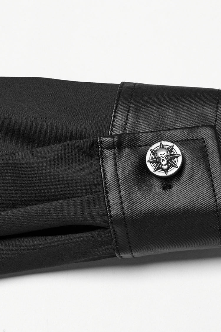 Black Lapel Collar Long Sleeves Faux Leather Stitching Buckle Men's Punk Blouse - Product - 7