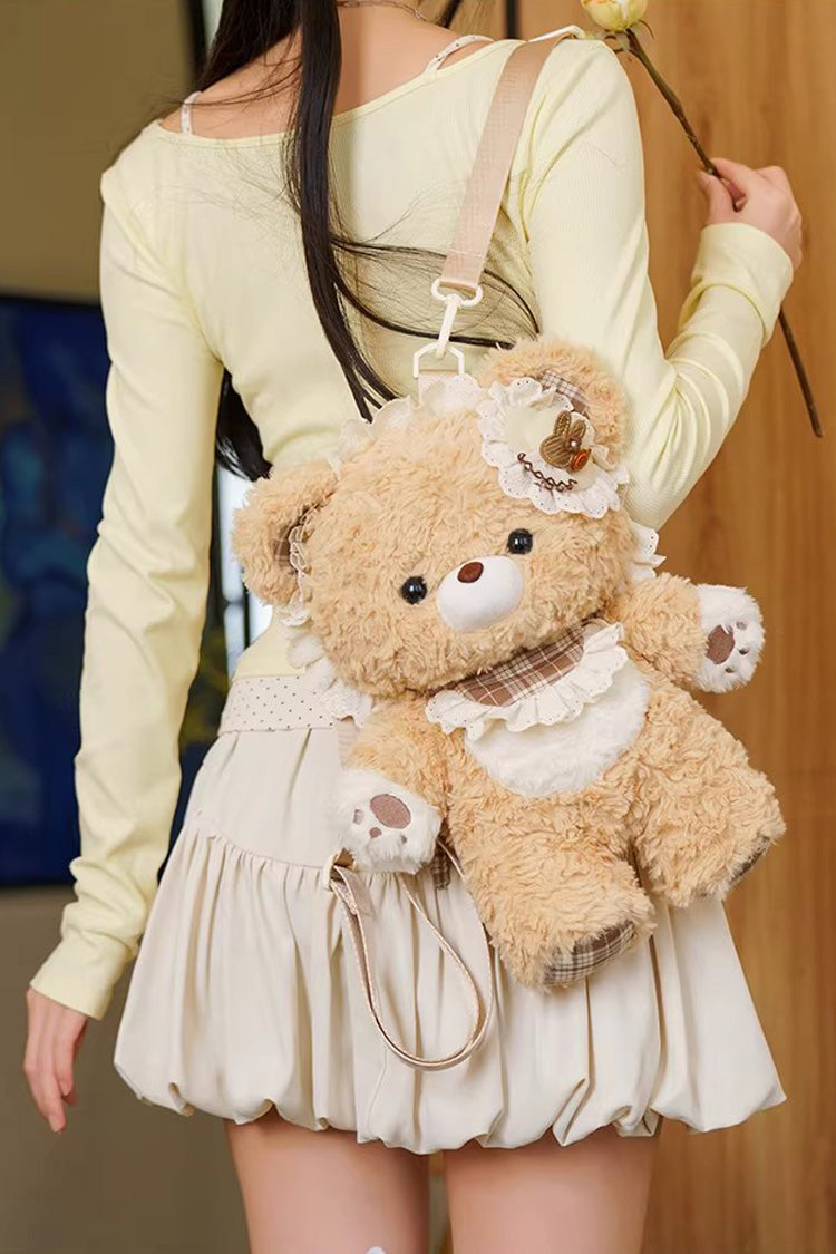 Brown [Little Bear Guli] Ruffled Plush Toy Sweet Lolita Backpack - Product - 12