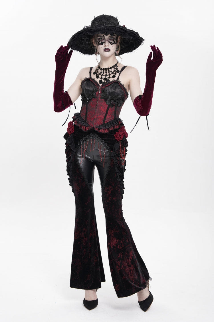 Black/Red  Ruffled Spliced Women's Gothic Floral Faux Leather&Velvet Ruffle Pants - Black/Red - 1