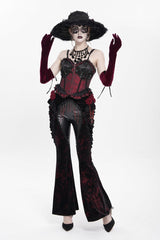 Black/Red  Ruffled Spliced Women's Gothic Floral Faux Leather&Velvet Ruffle Pants - Black/Red - 1
