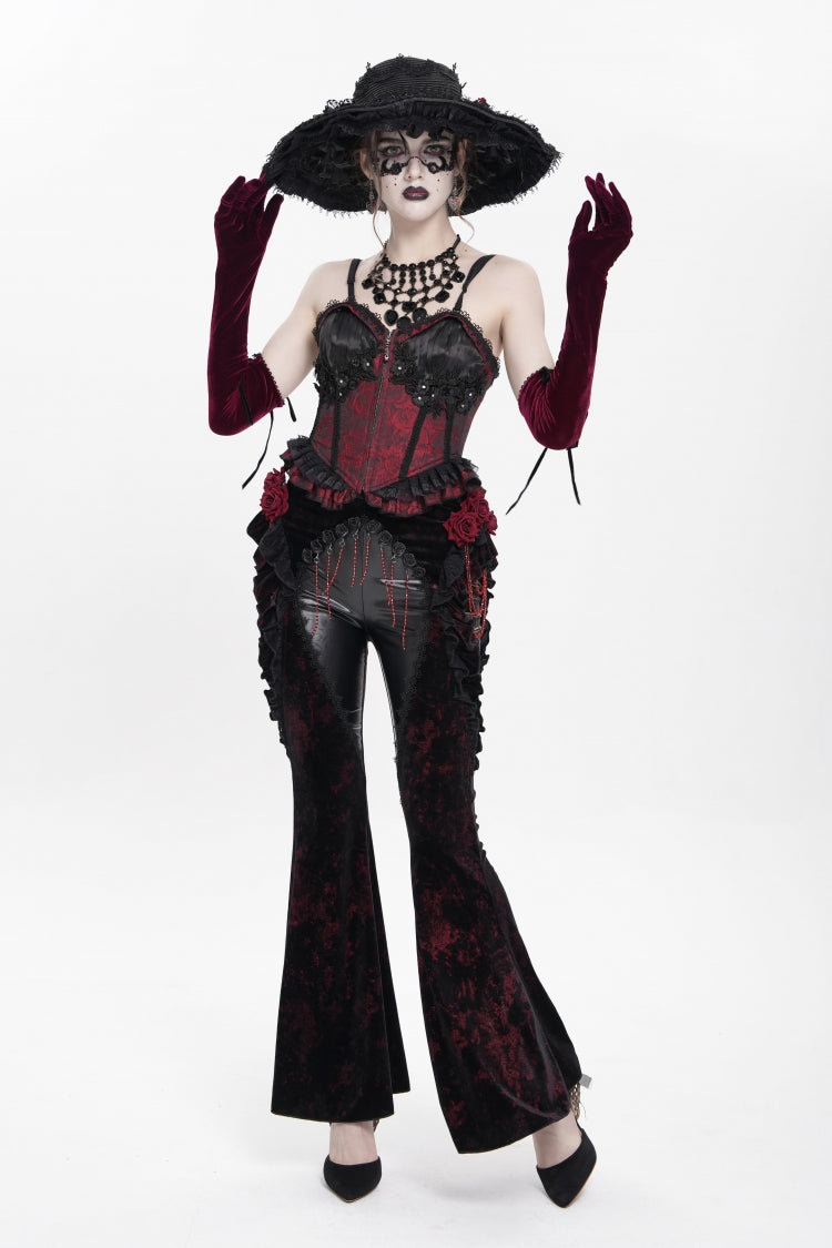 Black/Red  Ruffled Spliced Women's Gothic Floral Faux Leather&Velvet Ruffle Pants - Black/Red - 1