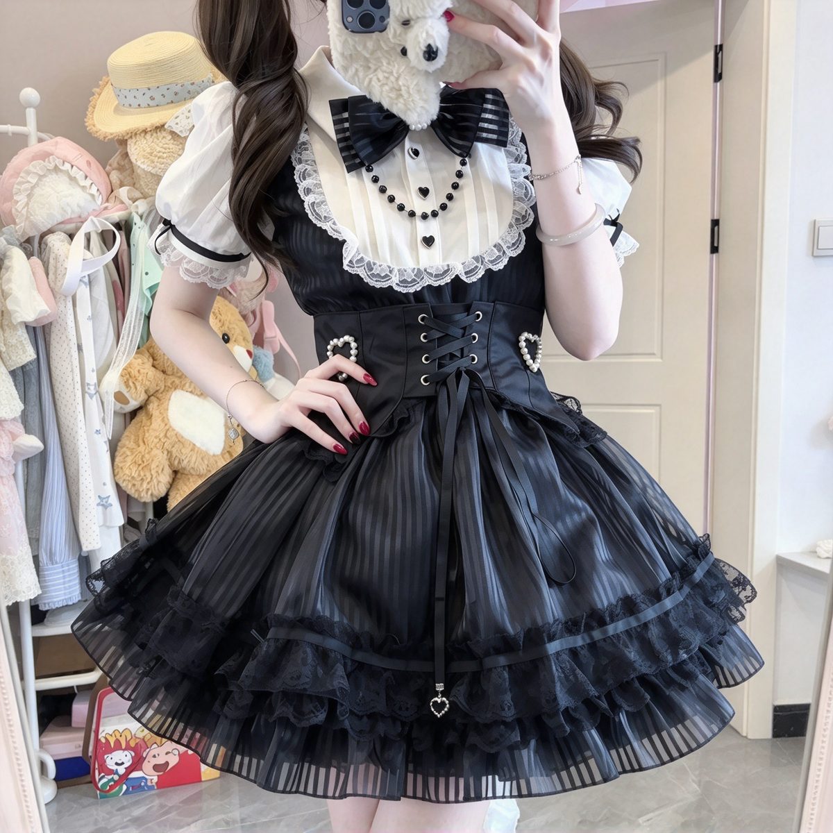 Black and White Striped Ruffled Maid Lolita Dress with Vest Bow Accent - view 6