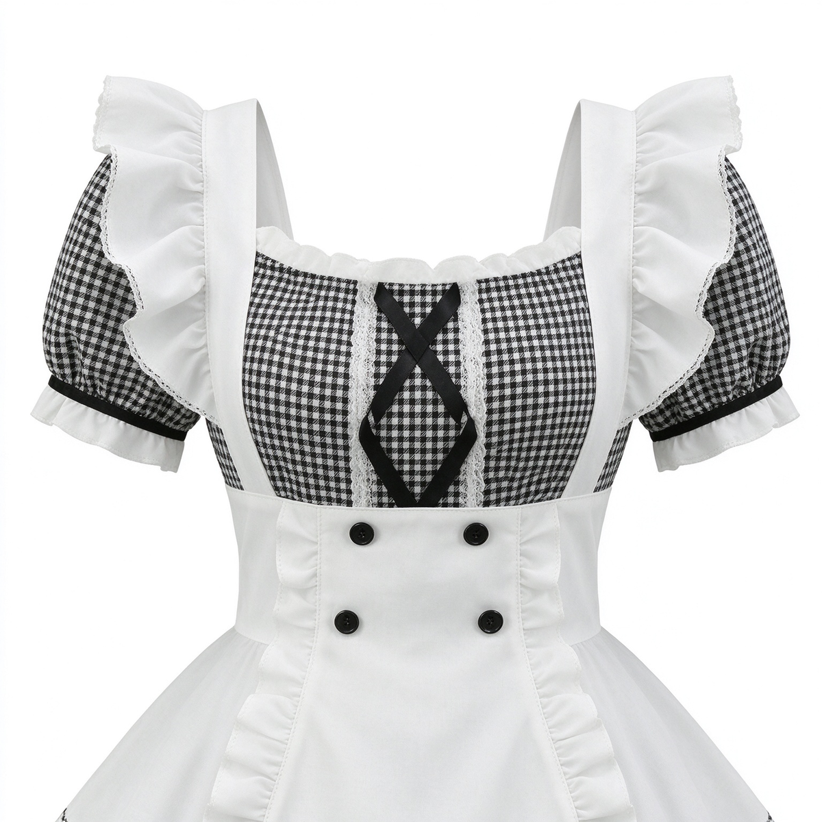 Black and White Plaid Ruffled Maid Lolita Dress with Apron Bow Accent - view 2