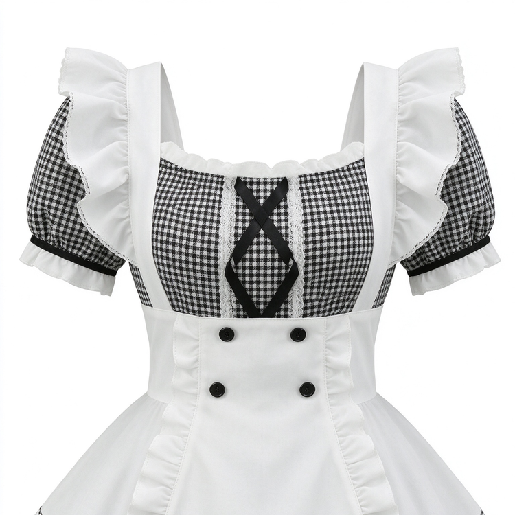 Black and White Plaid Ruffled Maid Lolita Dress with Apron Bow Accent - view 2