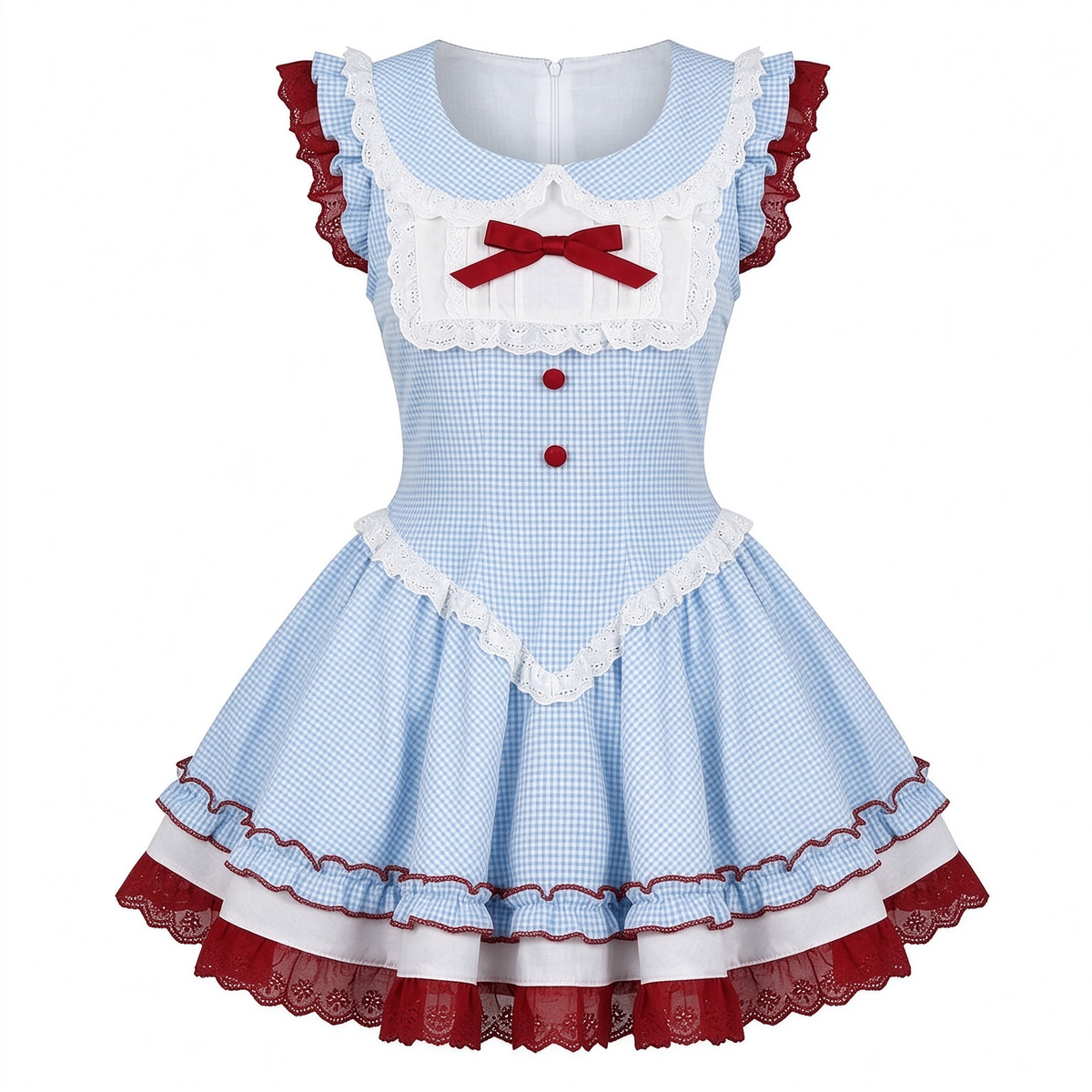 Light Blue and Red Gingham Ruffled Lolita Dress with Lace Trim