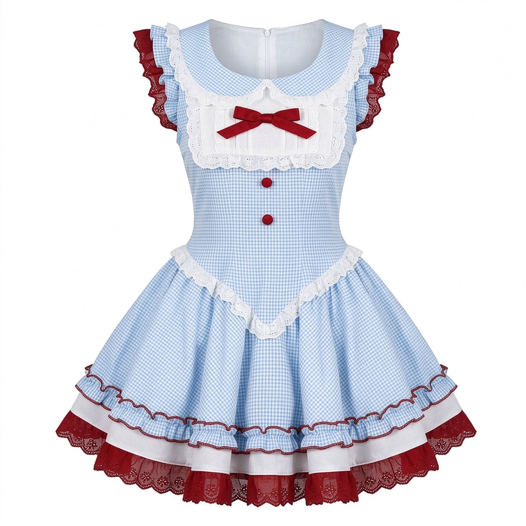 Light Blue and Red Gingham Ruffled Lolita Dress with Lace Trim