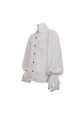 White Lapel Collar Puff Sleeved Lace Hem Men's Gothic Shirt - Product - 7