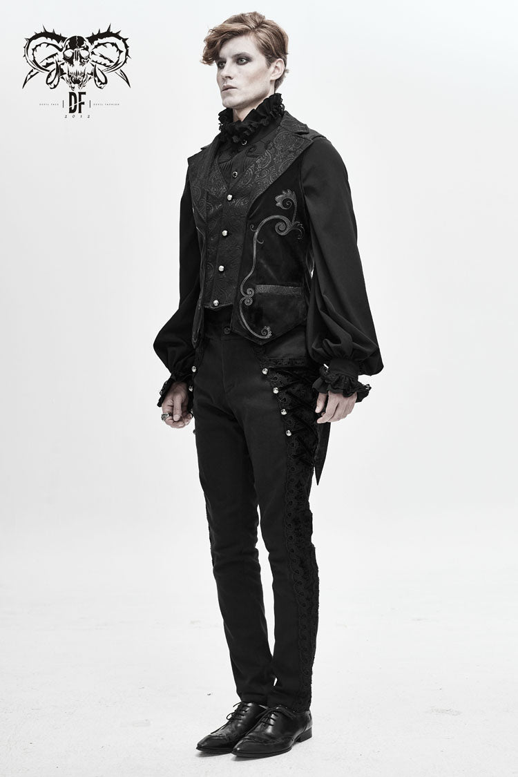 Black Fake Two Piece Leather Embroidered Swallow Tail Hem Men's Gothic Waistcoat - Product - 5