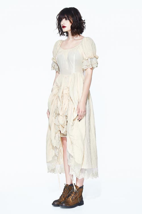Creamy White Punk Victoria Vintage Drawstring Embroidered Lace Womens Dress - Product - 5