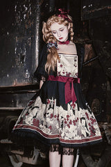 Black [Alice of the Asylum] Print Bowknot Lace Gothic Lolita Dress 2 Versions - Product - 2