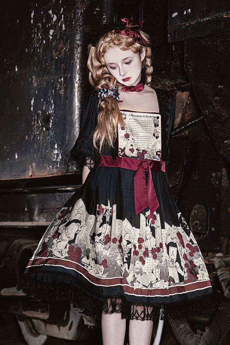 Black [Alice of the Asylum] Print Bowknot Lace Gothic Lolita Dress 2 Versions - Product - 2