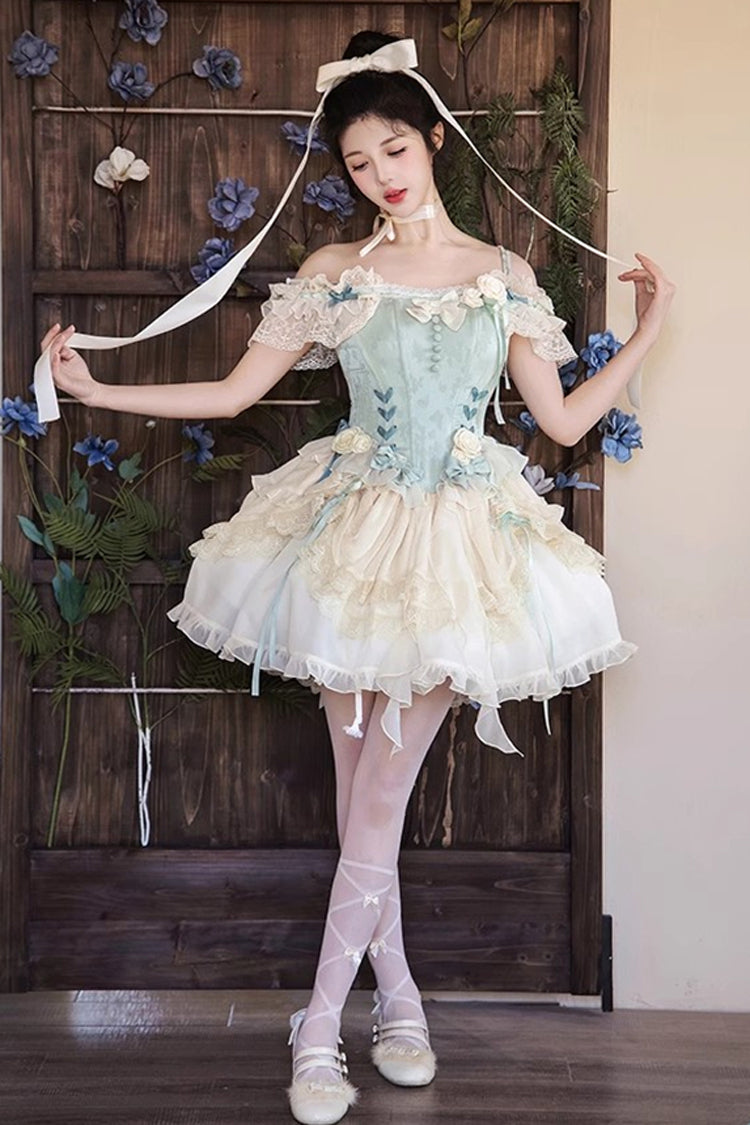 Light Green Off Shoulder Ruffle Bowknot Lace Sweet Elegant Princess Ballet Lolita Tiered Dress - Product - 5