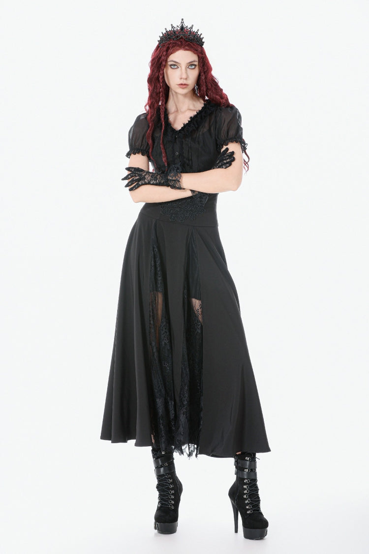 Black High Waisted Floral Printed Lace Mesh Women's Gothic Elegant Long Skirt - Black - 1