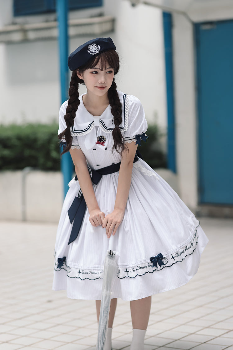 White Navy Stripe Print Short Sleeves Ruffle Embroidery Sweet (Dress Only) detail view 2