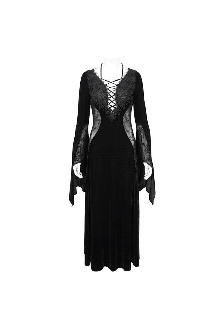 Black Velvet Mesh Splice Long Women's Gothic Dress - Product - 6